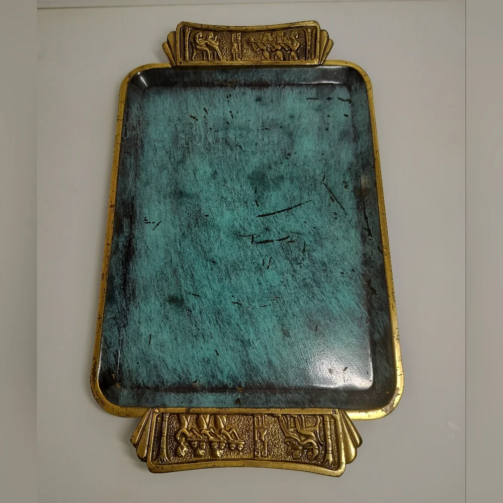VINTAGE ENAMEL ON BRASS BLUE SERVING TRAY W/HANDLES MADE IN ISREAL 16